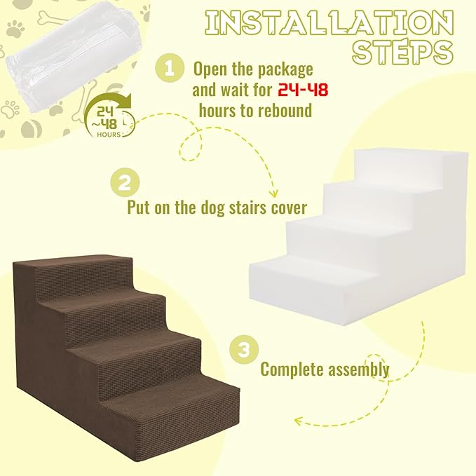 Niubya Dog Stairs for Small Dogs and Cats,18'H Non-Slip Bottom Pet Steps for High Beds and Couch,High-Density Foam Pet Stairs Brown,4 Steps