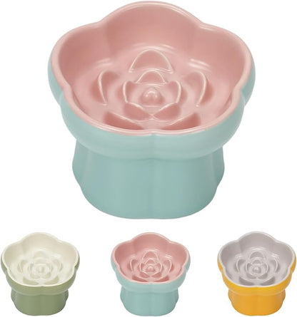 Cat Slow Feeder Flower-Shaped Ceramic Slow Feeder Cat Bowl, Tilted Raised Cat Slow Feeder Bowl for Whisker Relief, Prevents Vomiting & Bloating, Non-Slip Base