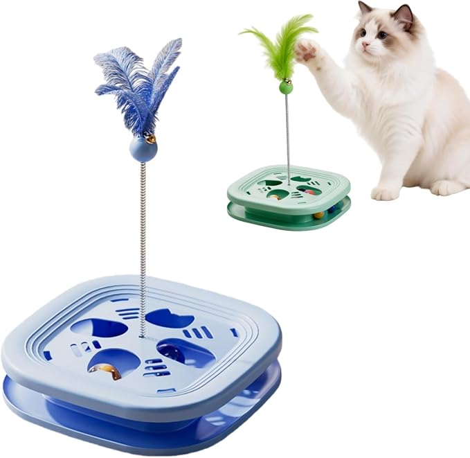 Interactive Cat Toys for Indoor Cats, 2-in-1 Kitten Toys with Balls & Feathers, BPA-Free Safe Material,Non-Slip Base, Sturdy and Durable (Blue)
