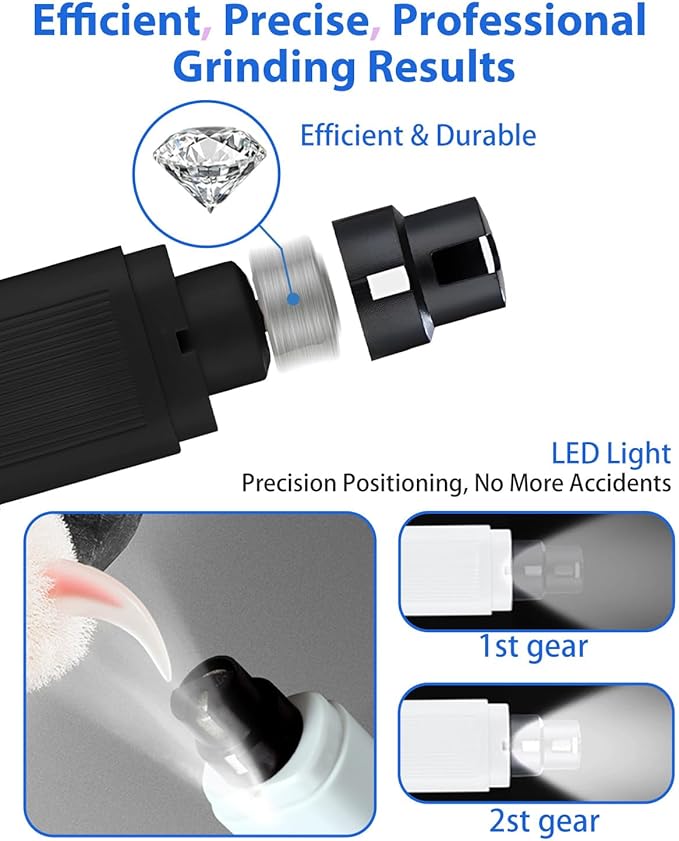 Electric Dog Nail Grinder with 2 Level LED Lights, 2 Speed Super Quiet and Low Vibration Rechargeable Pet Nail Grinder for Small Dogs and Cats - Black