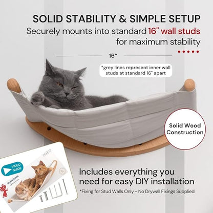 7 Ruby Road Cat Hammock Wall Mounted for Large and Indoor Cats or Kitty, Cute Bed Perch Shelf for Sleeping, Climbing and Lounging, Modern Shelves and Perches, Wooden Mount Cat Wall Furniture & Beds