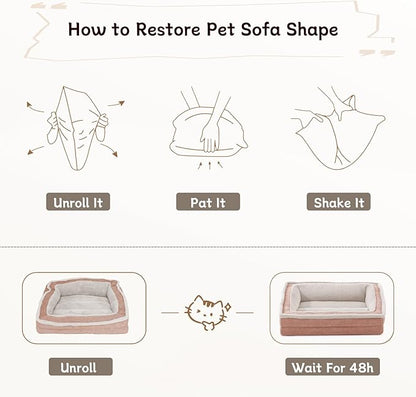 Cat Couch for Pets, Washable Cat Beds for Indoor Cats, Super Soft Plush Supportive Dog Couch Bed for Puppy and Kitten with Anti-Slip Bottom, 24inch, Pink