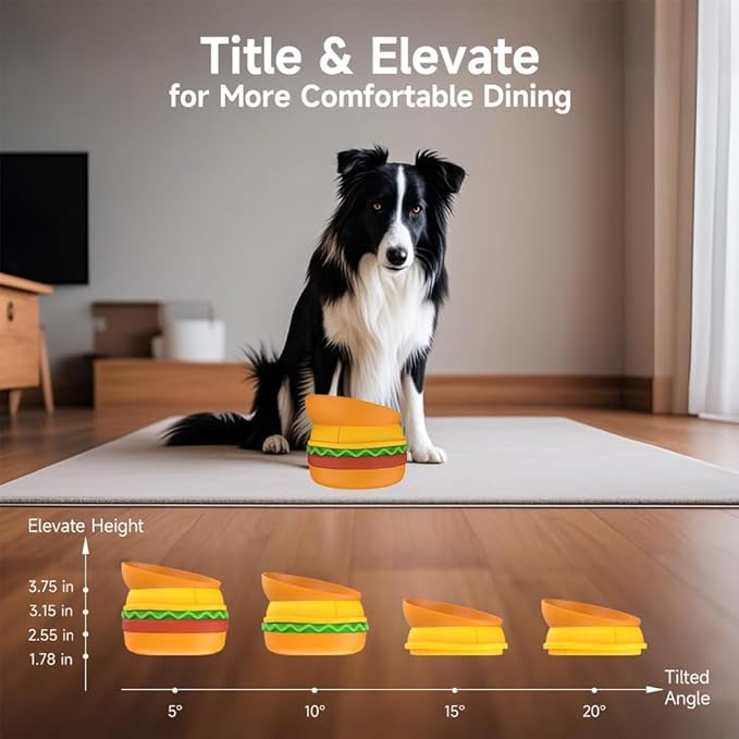 5-in-1 Burger Pet Bowls Set - Tilted, Elevated, Slow Feeder, Lick Mat, Non-Slip Bowls for Dog & Cat