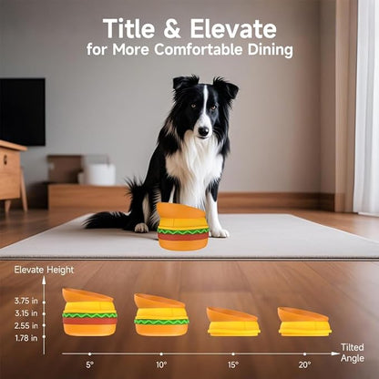 5-in-1 Burger Pet Bowls Set - Tilted, Elevated, Slow Feeder, Lick Mat, Non-Slip Bowls for Dog & Cat