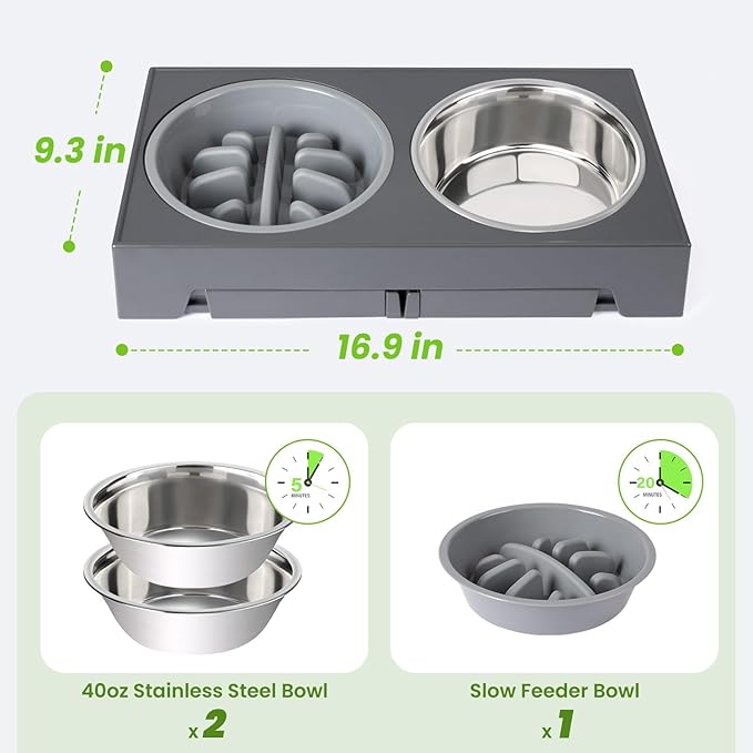 Heeyoo Elevated Dog Bowls - 5 Adjustable Heights Stand, 2 Stainless Steel Bowls & 1 Slow Feeder, 3.2" to 12.2" for Small to Large Dogs