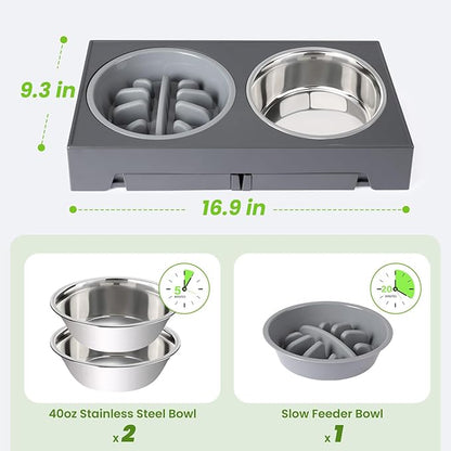 Heeyoo Elevated Dog Bowls - 5 Adjustable Heights Stand, 2 Stainless Steel Bowls & 1 Slow Feeder, 3.2" to 12.2" for Small to Large Dogs