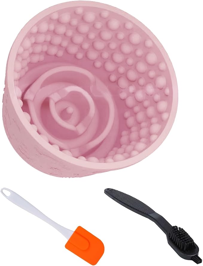 Dog Lick Bowl with Brush and Scraper, Anxiety Relief Silicone Slow Feeder Treat Dispenser, Anti-chocking Pet Dish, Non-Slip Interactive Entertainment Dog Puzzle Toy for Medium & Large-Pink