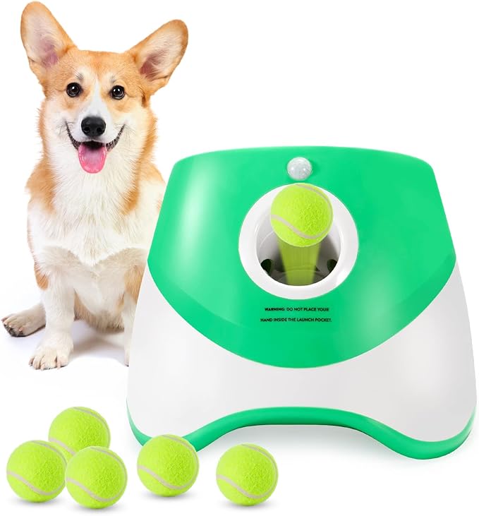 Automatic Dog Ball Launcher – Interactive Dog Toy for Small & Medium Dogs | Include 6 Balls, USB Charging Cable & Adjustable Distance |Hands-Free Fetch Machine for Indoor & Outdoor Play(Green)