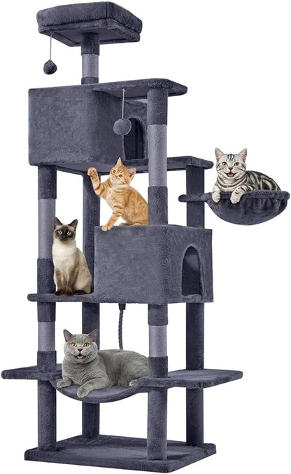 DUMOS Large 66 Inch Cat Tree Tower, Tall Multi Level Cat Climbing Tower with Natural Sisal Scratching Posts, Hammock, Pet Condo for Indoor Cats and Kittens Play, Dark Grey