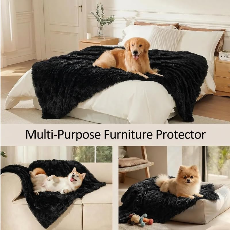 Pet Blankets Waterproof Fluffy Fleece Blanket Cat Dog Blankets Liquid Pee Proof Throw Blanket Reversible Furniture Protector Cover Washable for Couches Beds Sofa 65"x57" Black - Image 4