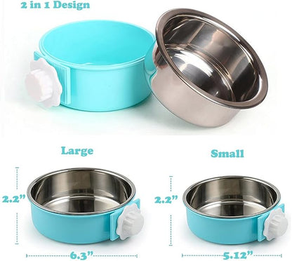 Love Dream Crate Dog Cat Bowls, Removable Stainless Steel Hanging Pet Cage Bowls for Kennel, Water Food Feeder Cage Coop Cup for Cats, Dogs, Rabbits and Small Animals (Small, Blue)