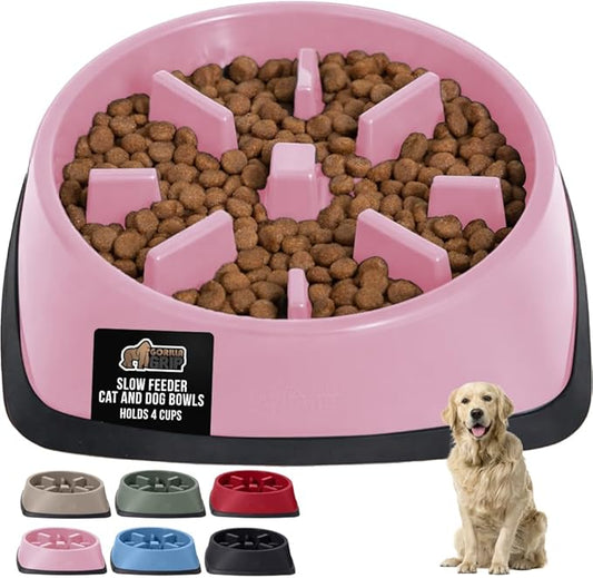 GORILLA GRIP Patented BPA Free Slow Feeder Dog Bowls, 4 Cup Interactive Puzzle Toy for Dogs and Cats Food Training Enrichment, Keeps Pets Busy and Prevents Puppy Overeating, Large Breeds, Pink