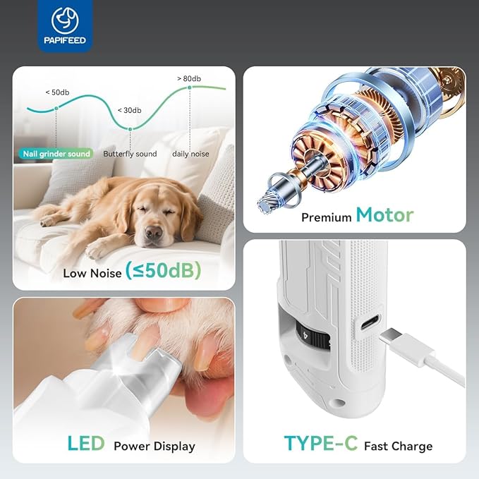 PAPIFEED Dog & Cat Nail Grinder, 6-Speed High Torque Electric Pet Nail Trimmer Kit with LED Light, Dust Collection, Quiet Cordless Rechargeable Type-C, Safe for Small/Medium/Large Dogs, Cats & Puppies
