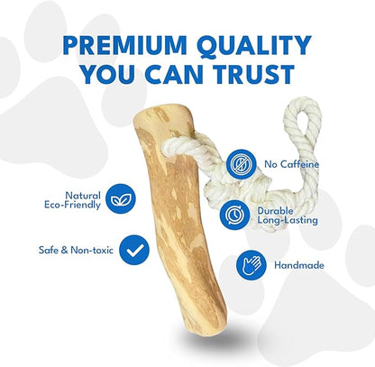 Coffee Wood Dog Chew Toy with Rope for Large Dogs, Natural Wood Stick for Light to Moderate Chewers, Safe Chewing for Dental Care, Tug Play & Boredom Relief (Large - Over 50 lbs)
