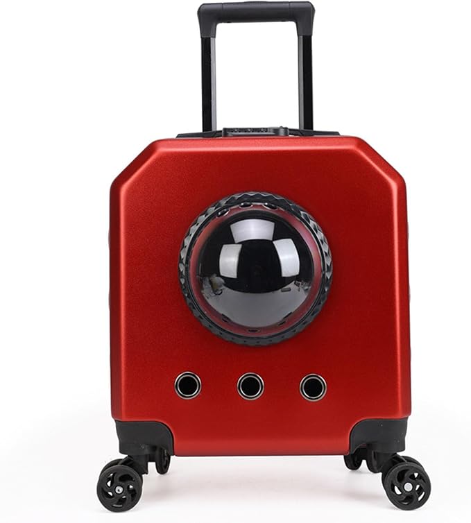 Double Compartment Pet Luggage with Wheels Cat Dog, Telescoping Handle Breathable Transparent Cover for Small and Medium Animals (red)
