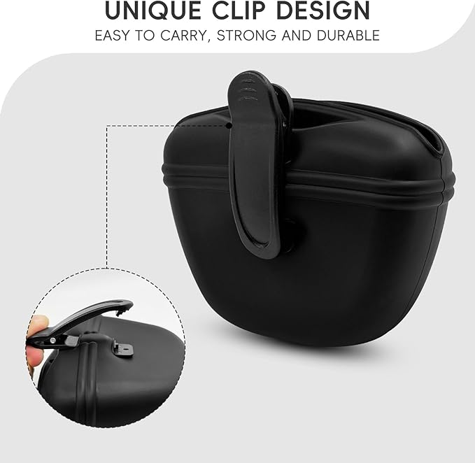 Dog Treat Pouch 2 Pack, Dog Treat Training Pouch, Silicone Pet Treat Bag BPA Free/Clip/Magnetic Dog Walk (Grey & Black & Clickers)
