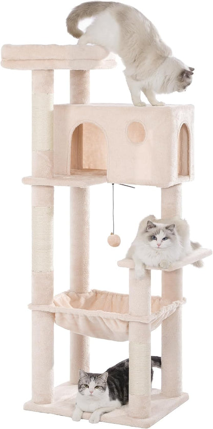 54” Cat Tree with Big Hammock 21x17” XL Cat Tower with Scratching Posts Featuring Large Top Bed, Scratcher Pad, Spacious Condo House and Detectable Ball for Indoor Cats-Large Beige
