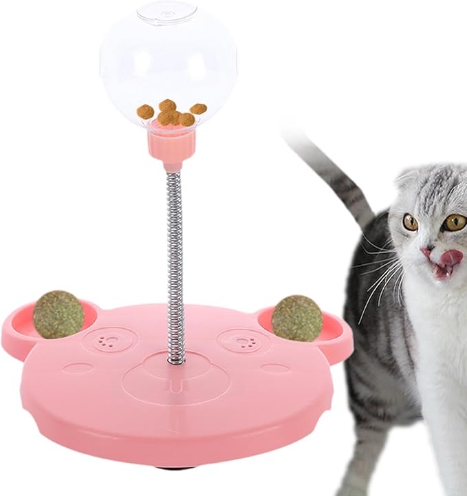 Dog Cat Slow Feeder Toy, Pet Feeding Toy Treat Ball,Funny,Interactive,Cat Treat Toy Food Dispenser for Kitty Indoor Puppy Exercise, Bear, Pink