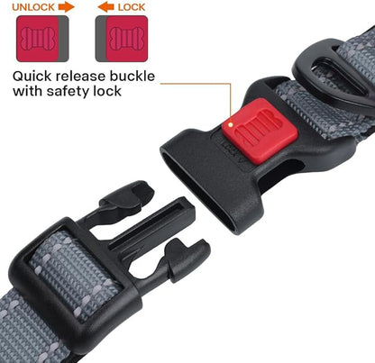 Taglory Reflective Dog Collar with Safety Locking Buckle, Soft Neoprene Padded Dog Collar for Large Dogs, Metal D-Ring, Adjustable Nylon Neck Strap for Daily Walking, Training & Running, Grey, L