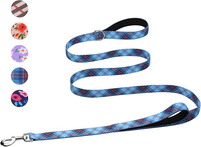 Hikiko 6 Ft Dog Leash, Padded Double Handle Leashes for Medium Large Dogs, Soft Traffic Handles Lead for Walking (Blue Plaid)