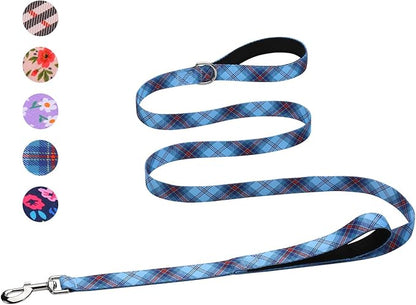Hikiko Double Handle Dog Leash 5 Foot for Small Medium Large Dogs, Padded Traffic Handles Lead for Walking Training (Blue Plaid)