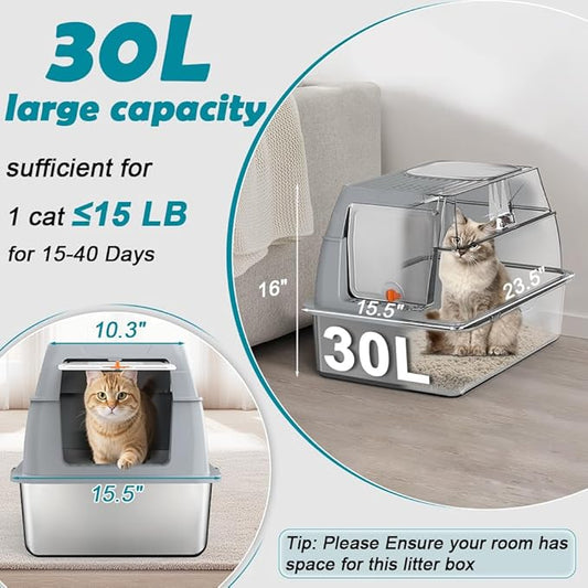 SZEE XL Stainless Steel Litter Box with Lid, Extra Large Metal Covered Litter Box, Stainless Box Easy Clean, Activated Charcoal Odor Control Design, Includes Litter Scoop & Mat & Step, Grey
