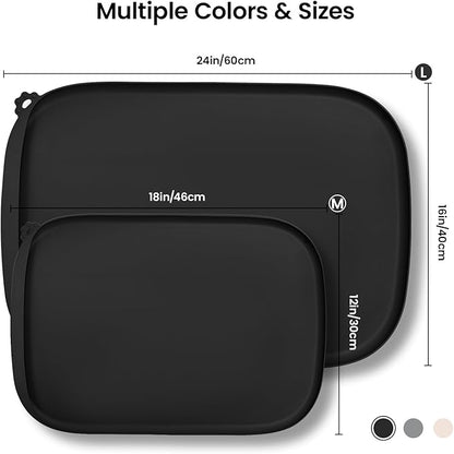 Silicone Dog Food Mat with Side Pocket & Hook Hole, Soft Raised Edges, Easy Clean Waterproof Non-Slip Pet Feeding Mat for Cats and Dogs Water Bowl, Pets Accessories(18"x12",Black)