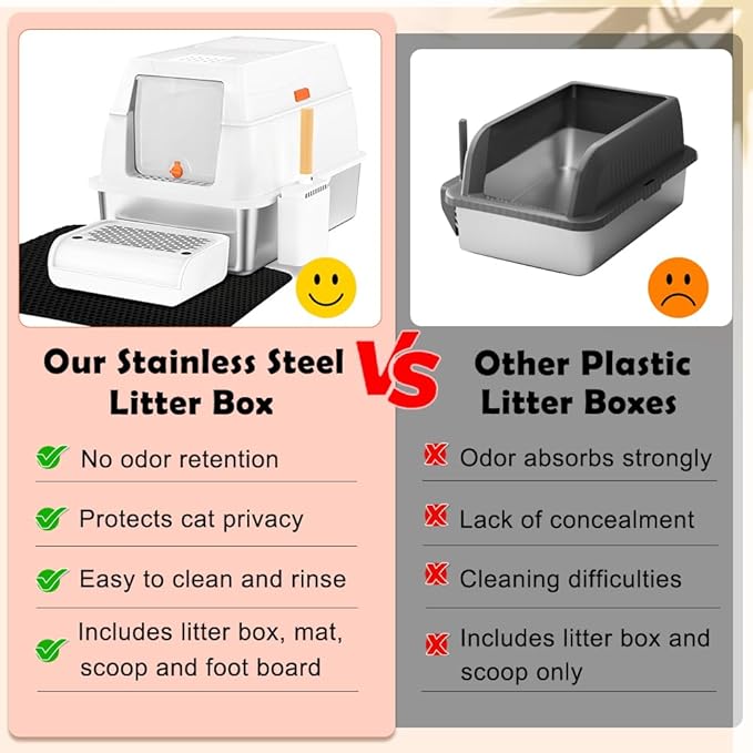 Vivifying Stainless Steel Litter Box with Lid, XL Front Entry Enclosed Extra Large Litter Box for Big Cats & Kitty, Top Exit Metal Cat Pan with Scoop, Mat, Footboard, Charcoal Filter (White)