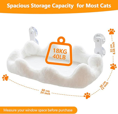 Homegroove Cat Window Perch, 24 x 12 Inch Foldable Cat Hammock for Window with 4-Sided Bolster & 4 Large Suction, Cloud Shape Cordless Window Bed for Indoor Cats (White, Large(24'' x 12''))