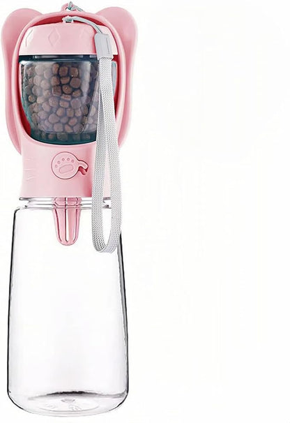 DomKim Portable Dog Water Bottle with Food Container for Small Medium Dogs Walking Jogging, Traveling Puppy Water Dispenser Bowls Non Spill, Pink Beach Accessories Stuff Pink, 18.6 oz (550ml)