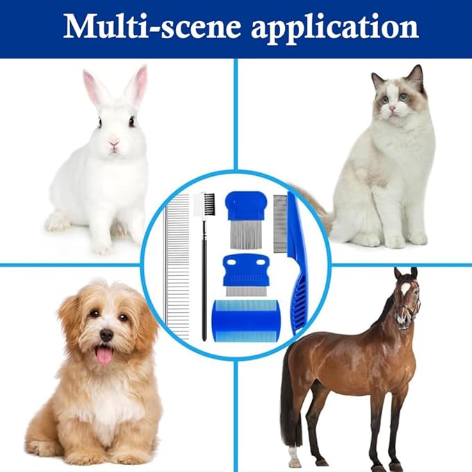 6 Pack Pets Grooming Comb Set, Flea Comb Set for Cats & Dogs, Professional Grooming Accessories for Pet, Flea Brush & Double Sided Tear Stain Remover
