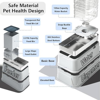 Elevated Automatic Pet Feeder & Water Dispenser, 128oz/3.8L Water & 4.4lb Food Capacity, Stainless Steel Bowl, 2-Level Height Adjustable, Neck Protection for Small/Medium Dogs & Cats