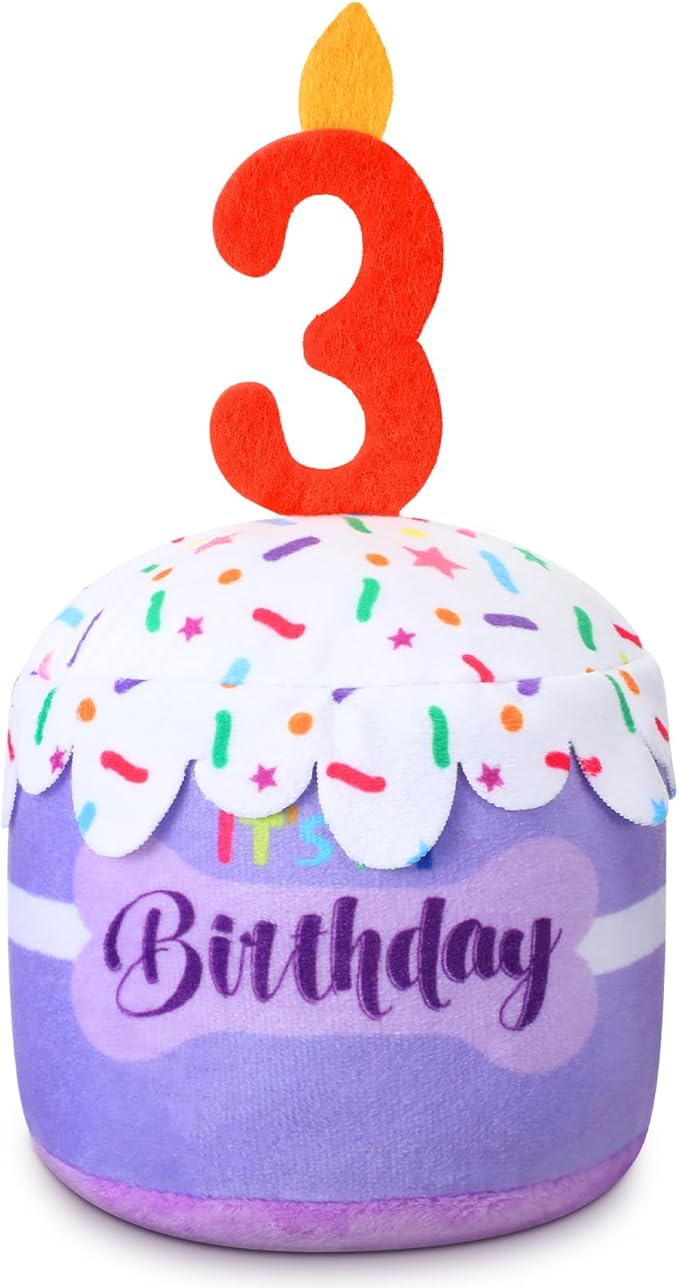 Dog 3rd Birthday Cake Toy Accessories for Girl Boy Gifts, Purple Squeaky Plush Toy for Dog Birthday Party Decor Favor for Large, Medium and Small Dogs