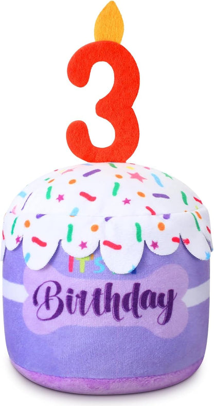 Dog 3rd Birthday Cake Toy Accessories for Girl Boy Gifts, Purple Squeaky Plush Toy for Dog Birthday Party Decor Favor for Large, Medium and Small Dogs