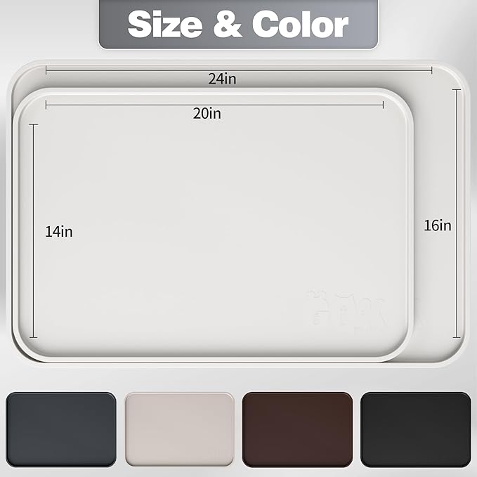 Silicone Dog Food Mat, Waterproof Anti-Slip Pet Feeding Mat with Warped Resistant Raised Edge,Spill-Proof Lip Floor Protection,Dishwasher-Safe Pet Placemat for Dogs & Cats(L 24" x 16" Sand White)