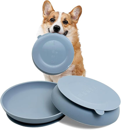 Silicone Dog Bowl Set of 2-7.7in No Spill Puppy Food and Water Dish Less Mess Cat Plates with Suction Cup Non-Tippable Feeding Bowls for Small & Medium-Sized Pets (Round Blue)