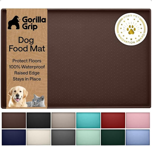 GORILLA GRIP 100% Waterproof Raised Edge BPA Free Silicone Pet Feeding Mat, Dog Cat Food Mats Contain Spills Protects Floors, Placemats for Cats and Dogs Water Bowl, Pets Accessories 18.5x11.5 Brown
