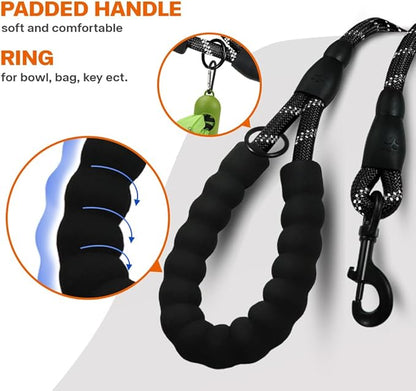 Taglory Rope Dog Leash 5 FT with Comfortable Padded Handle, Highly Reflective Threads Leash and Anti-Tangle Clip for Walking Small Dogs, 3/8 inch, Black