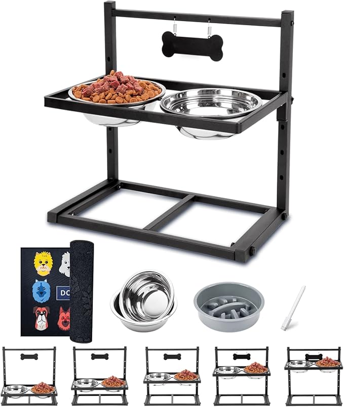 Elevated Dog Bowls with Slow Feeder & Mat, Adjusable Height Raised Dog Bowl Stand with 2 Stainless Steel 1200ML Bowl