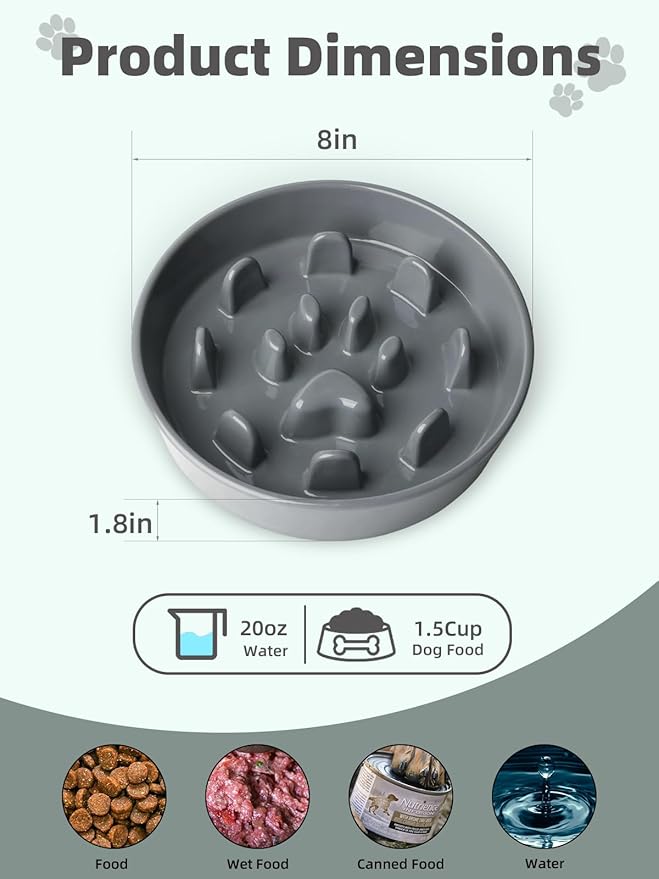 Ceramic 1.5 Cup Slow Feeder Dog Bowl, Slow Feeding Dish for Small & Medium Breeds to Slow Down Eating, Anti-Gulping, Preventing Choking (Grey)