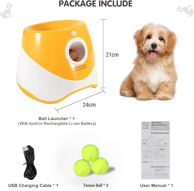 ZJchao Automatic Dog Ball Thrower, Dog Ball Launcher, with 3 Balls with 3 Distance Settings Interactive Tennis Balls Launcher for Dogs Pet Indoors Outdoors Playing (Orange)