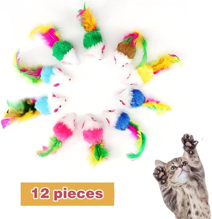 pawstrip Cat Mouse Toys 12 Pcs Rattle Mice for Indoor Cats Furry Feather Fake Mouse Kitten Interactive Play Squeaky Fur Mice Cat Toy Funny Kitty Tracking Game with Rattling Sounds