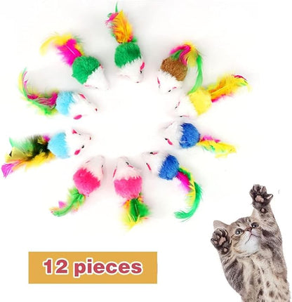 pawstrip Cat Mouse Toys 12 Pcs Rattle Mice for Indoor Cats Furry Feather Fake Mouse Kitten Interactive Play Squeaky Fur Mice Cat Toy Funny Kitty Tracking Game with Rattling Sounds
