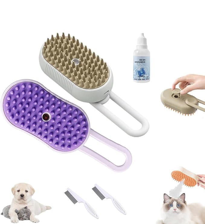 Cat Brush, 4 in 1 Self Cleaning Silicone Cat Steam Brush Quick & Easy Pet Hair Remover Comb for Shedding, Massage, Cleaning, 360° Rotating Pet Steam Brushs for Cats Dogs (White+Purple)