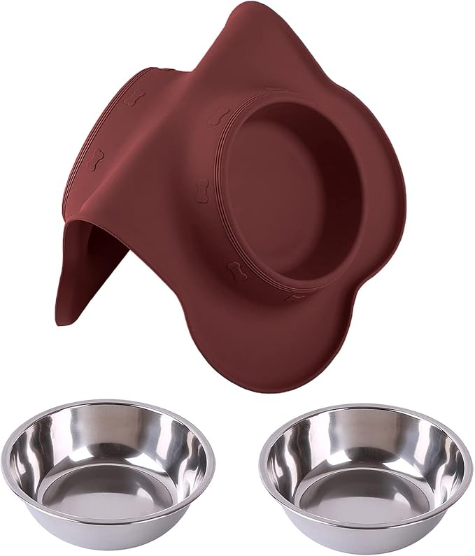 Hubulk Pet Dog Bowls 2 Stainless Steel Dog Bowl with No Spill Non-Skid Silicone Mat + Pet Food Scoop Water and Food Feeder Bowls for Feeding Small Medium Large Dogs Cats Puppies (X- Large, Burgundy)
