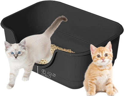 Low Entry Small Litter Box for Kittens, Kitty Plastic Litter Boxes, Open Top, Anti-Splash High Sided Litter Tray Pan for Medium Pets, Puppy, Easy to Clean, 15.7" L*11.8" W*6.7" H (Black)