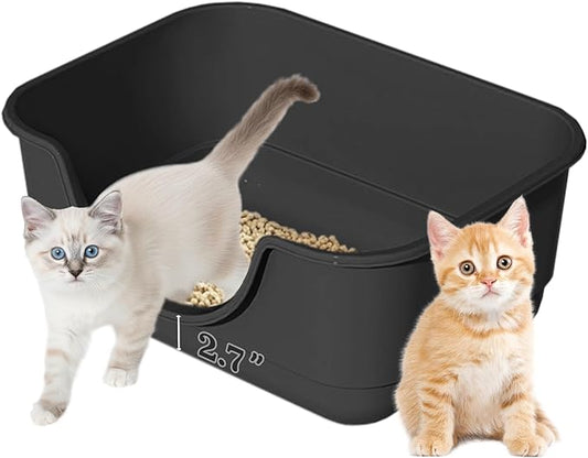 Low Entry Small Litter Box for Kittens, Kitty Plastic Litter Boxes, Open Top, Anti-Splash High Sided Litter Tray Pan for Medium Pets, Puppy, Easy to Clean, 15.7" L*11.8" W*6.7" H (Black)