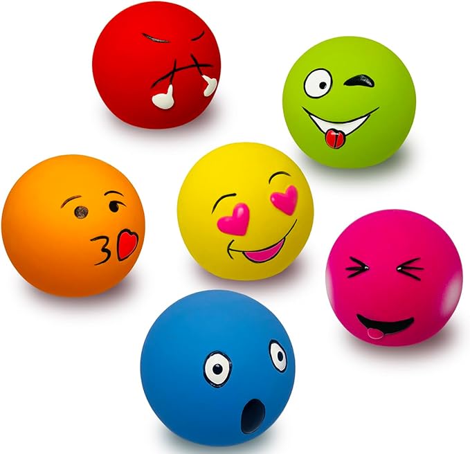 Latex Squeaky Dog Balls for Medium Breeds, 6-Pack Emoji Squeaky Dog Toys - 2.5-Inch Rubber Bouncy Fetch Toys, Assorted Colors for Indoor Outdoor Puppy Play