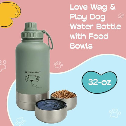 Love Wag & Play Dog Water Bottle with Food Bowls, Portable Stainless Steel Bottle for Dogs, Leakproof Travel Design with Detachable Bowls for Walks, Hikes and Outdoor Adventures (32 oz)