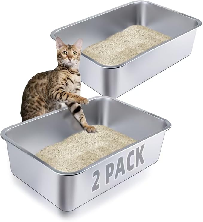 Stainless Steel Cat Litter Box - Large Metal High-Sided Pan for Cats, Pets, Non-Stick, Odor-Free, Easy to Clean, Splash-Proof, Durable ((2 Pack) 17.7" L x 13.8" W x 6" H)